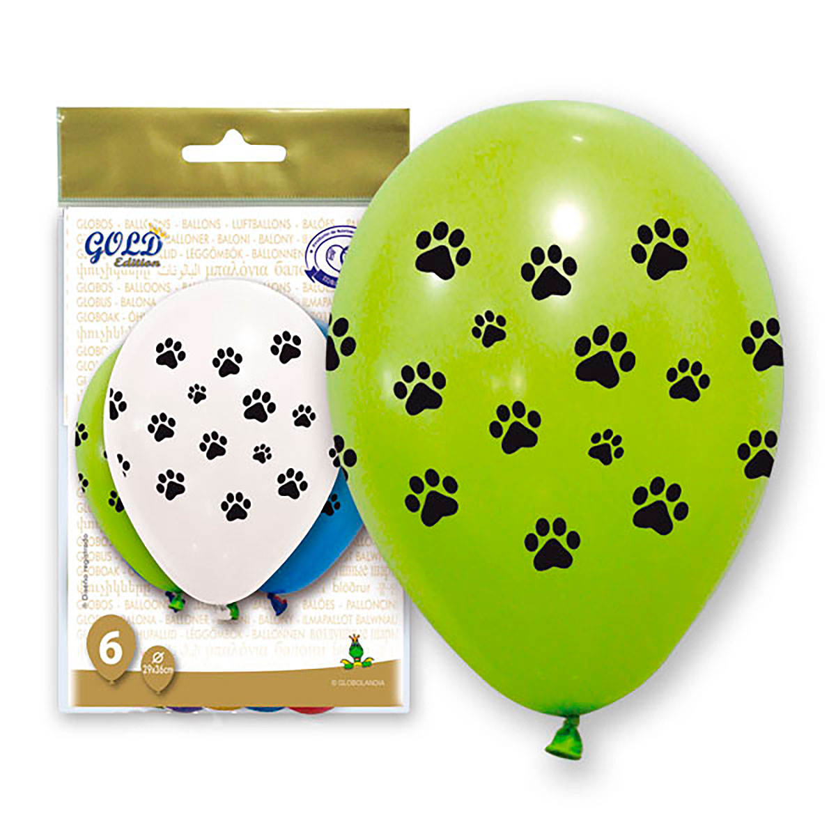 Globos Huellas de Perro 11 pulgadas Gold Edition, bolsa de 6