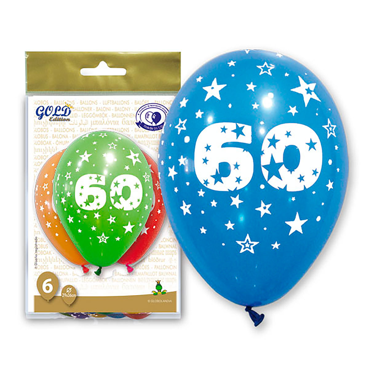 Globos Número 60 Gold Edition, 12 pulgadas, bolsa de 6