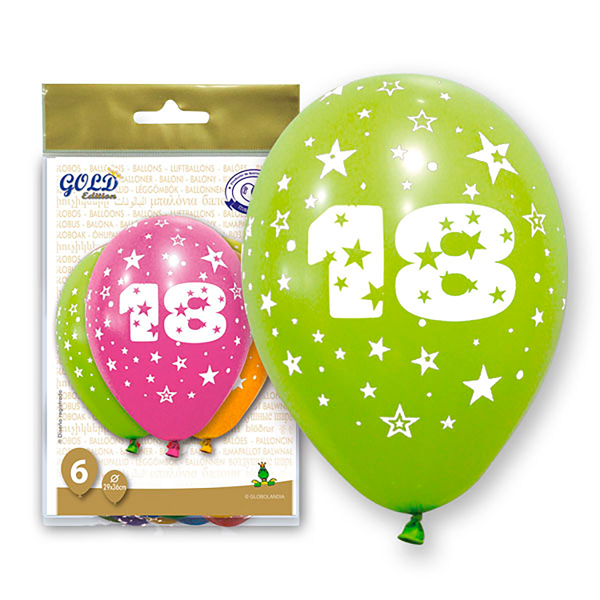Globos impresos Nº 18 Gold Edition - Bolsa 6 unidades