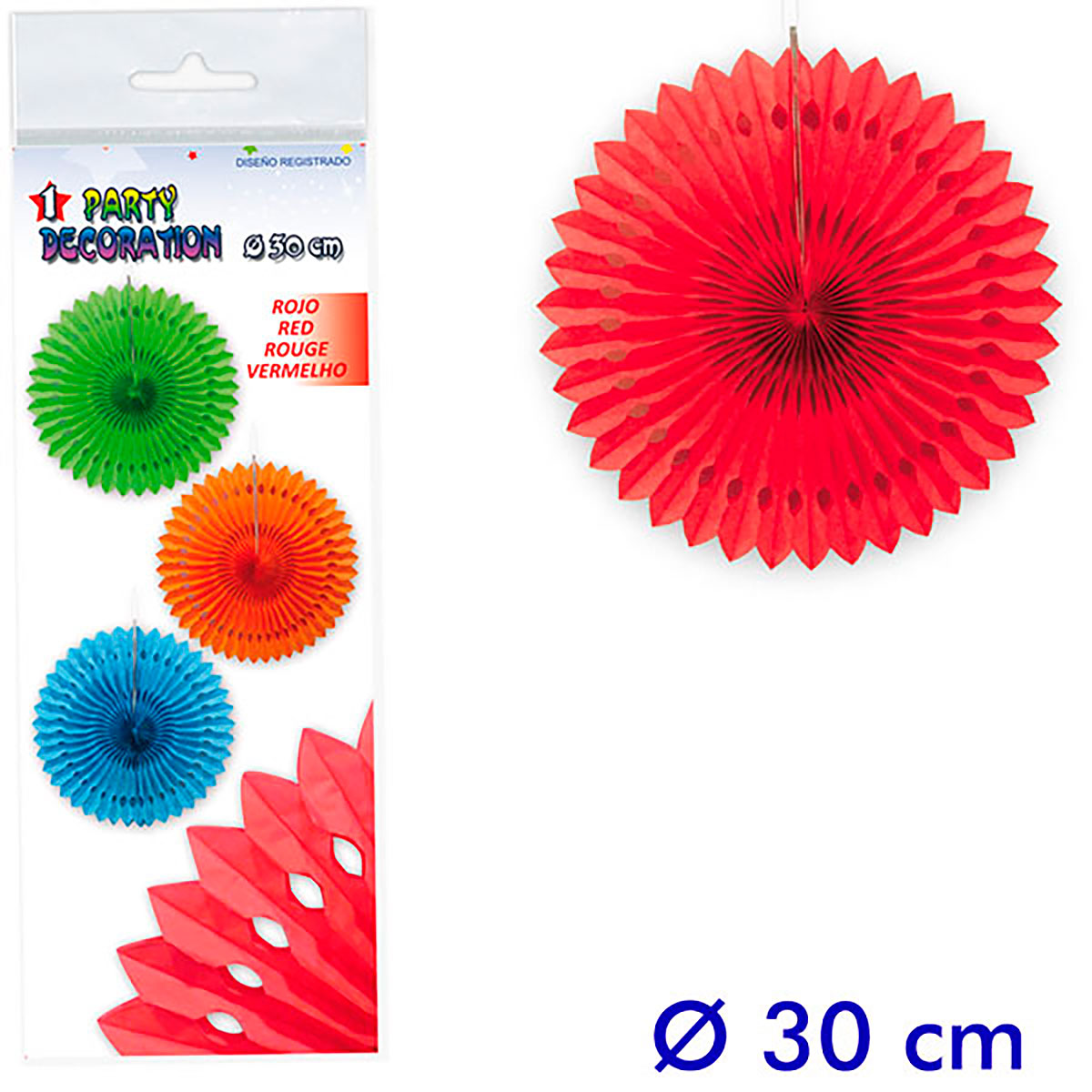 Abanico decorativo de papel rojo 30 cm