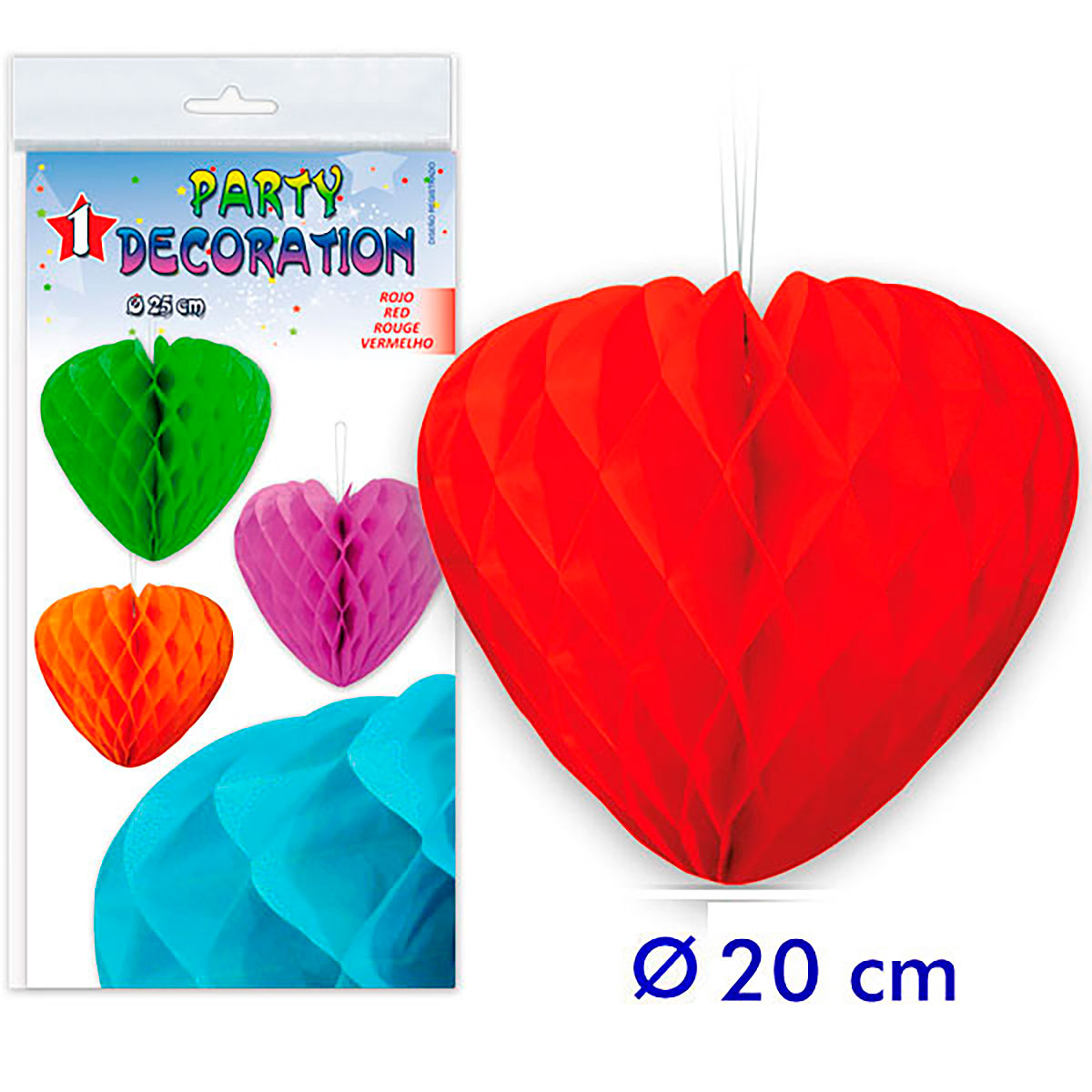 Corazón de panal de abeja de papel rojo 20 cm