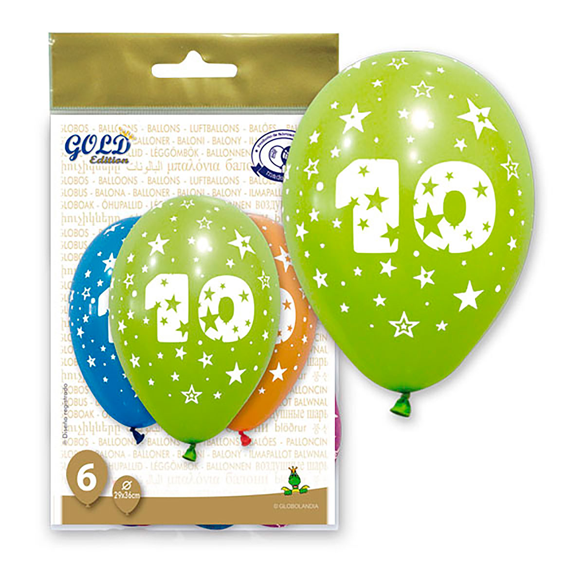 Globos número 10 Gold Edition, bolsa de 6