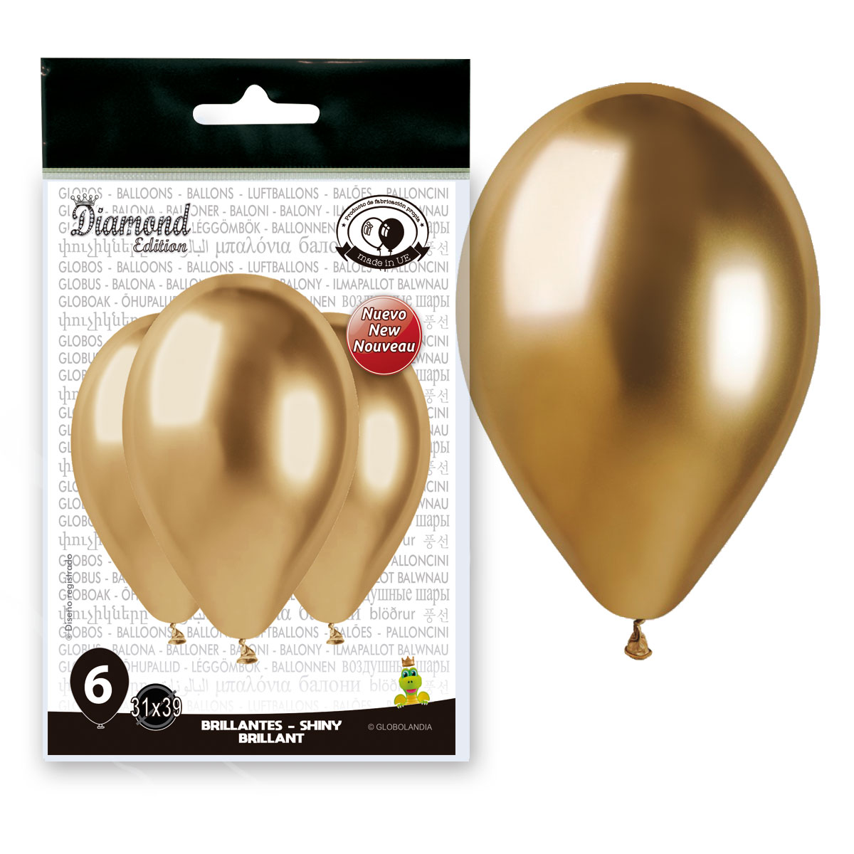 Globos Diamond Efecto Espejo Oro 14" Bolsa 6 uds