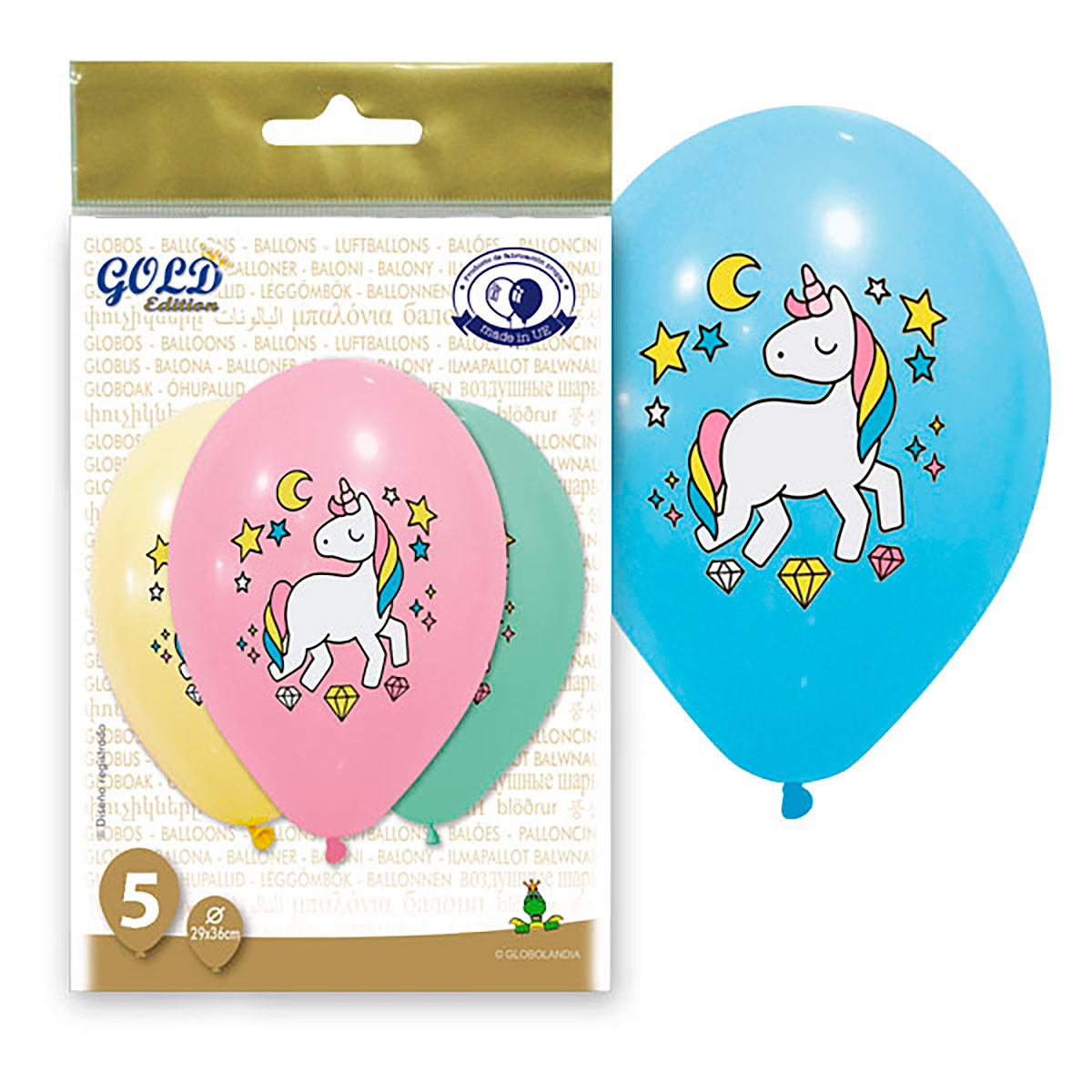 Globos Unicornio 12" Gold Edition, bolsa de 5