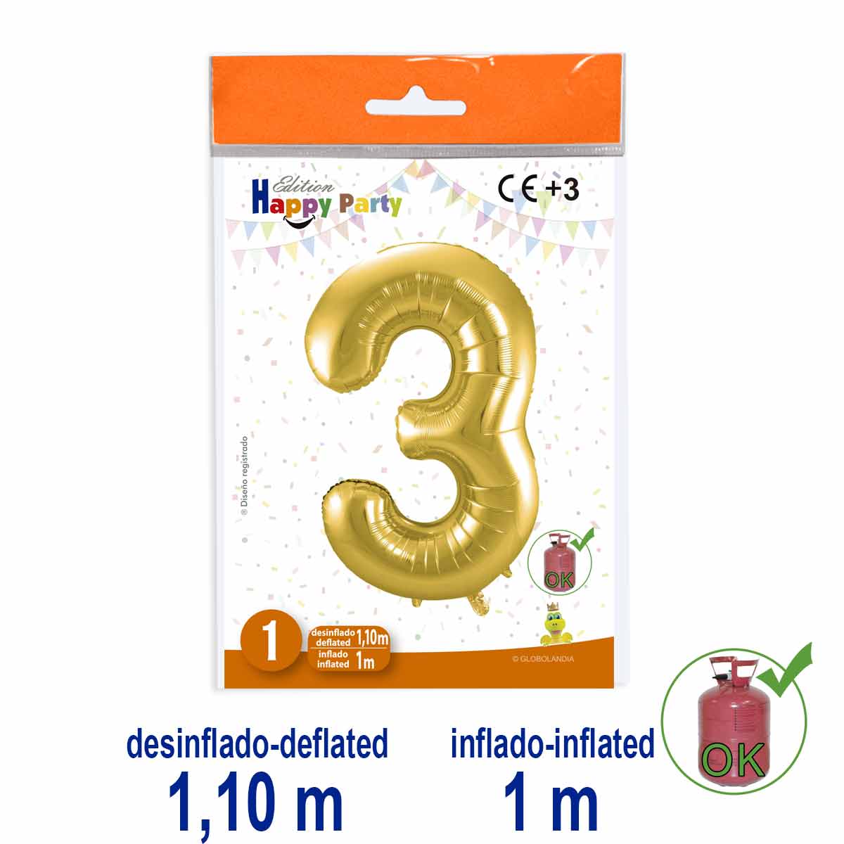 Globo Número 3 Poliamida Oro 1 m