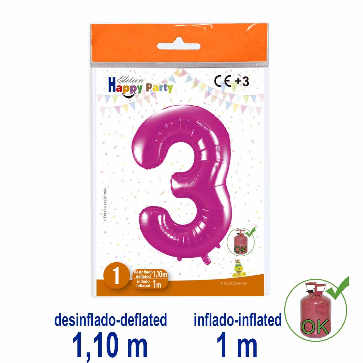Globo Número 3 Poliamida Rosa 1 m