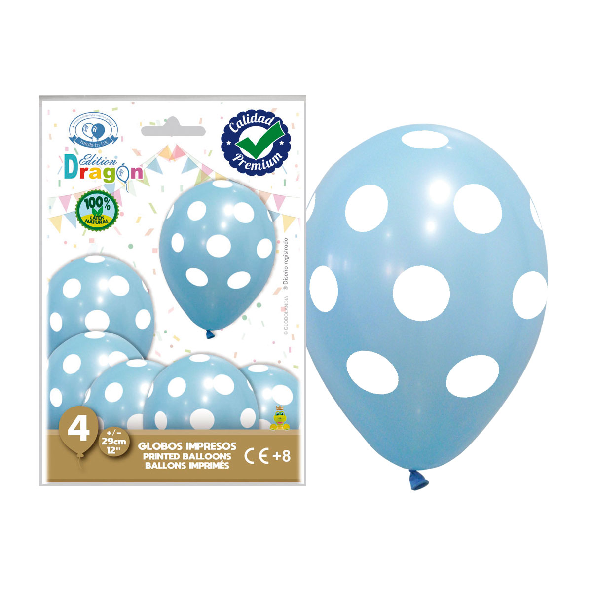 Globos Látex Celeste con Topos Blancos 12" Edition Dragón