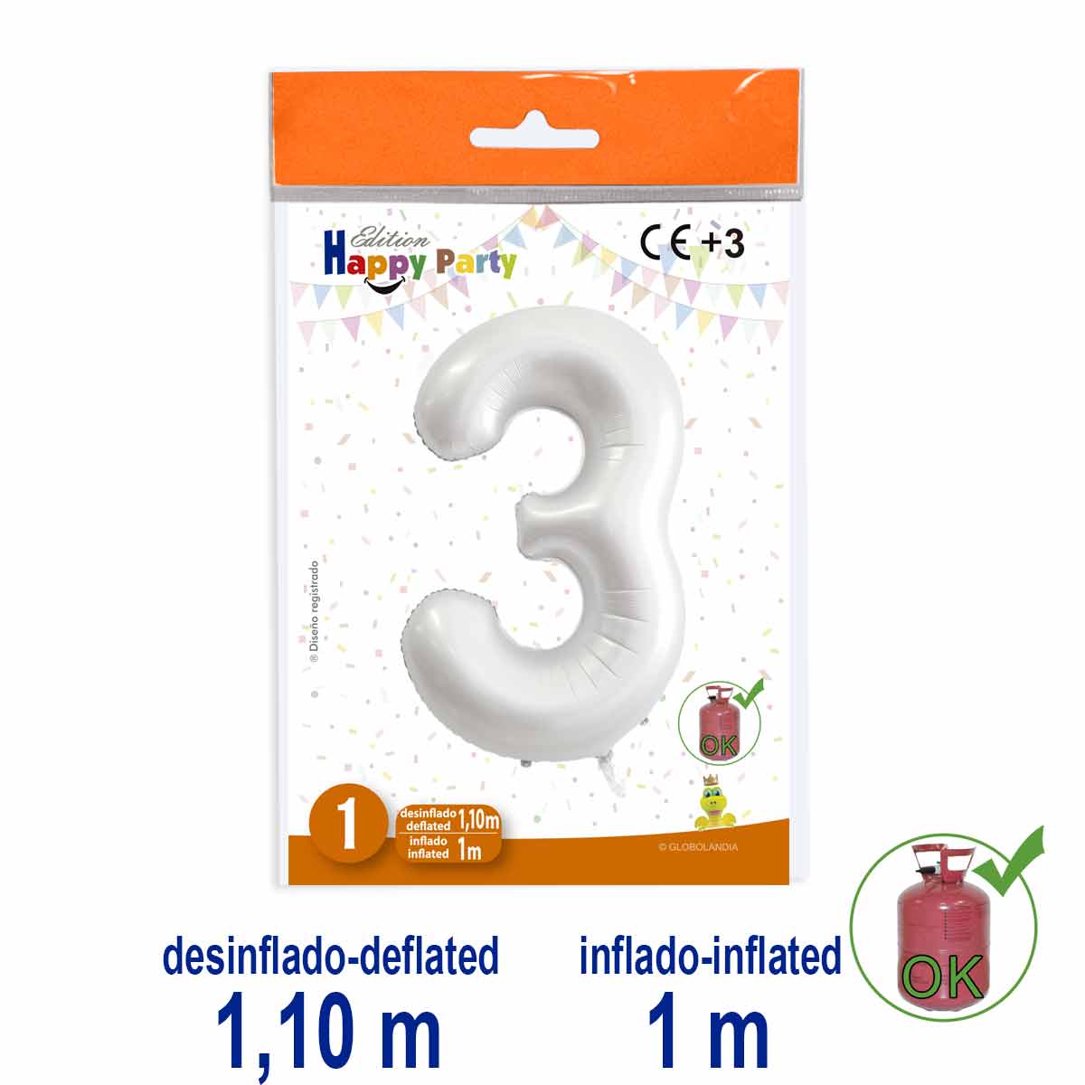 Globo Número 3 de Poliamida Color Perla 1 m