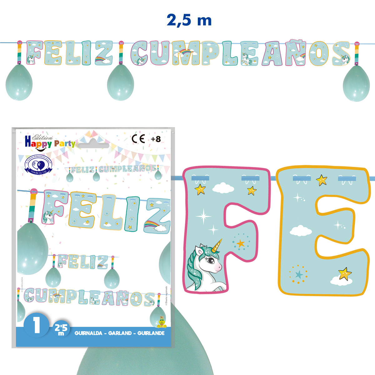Guirnalda Feliz Cumpleaños Unicornio Aguamarina