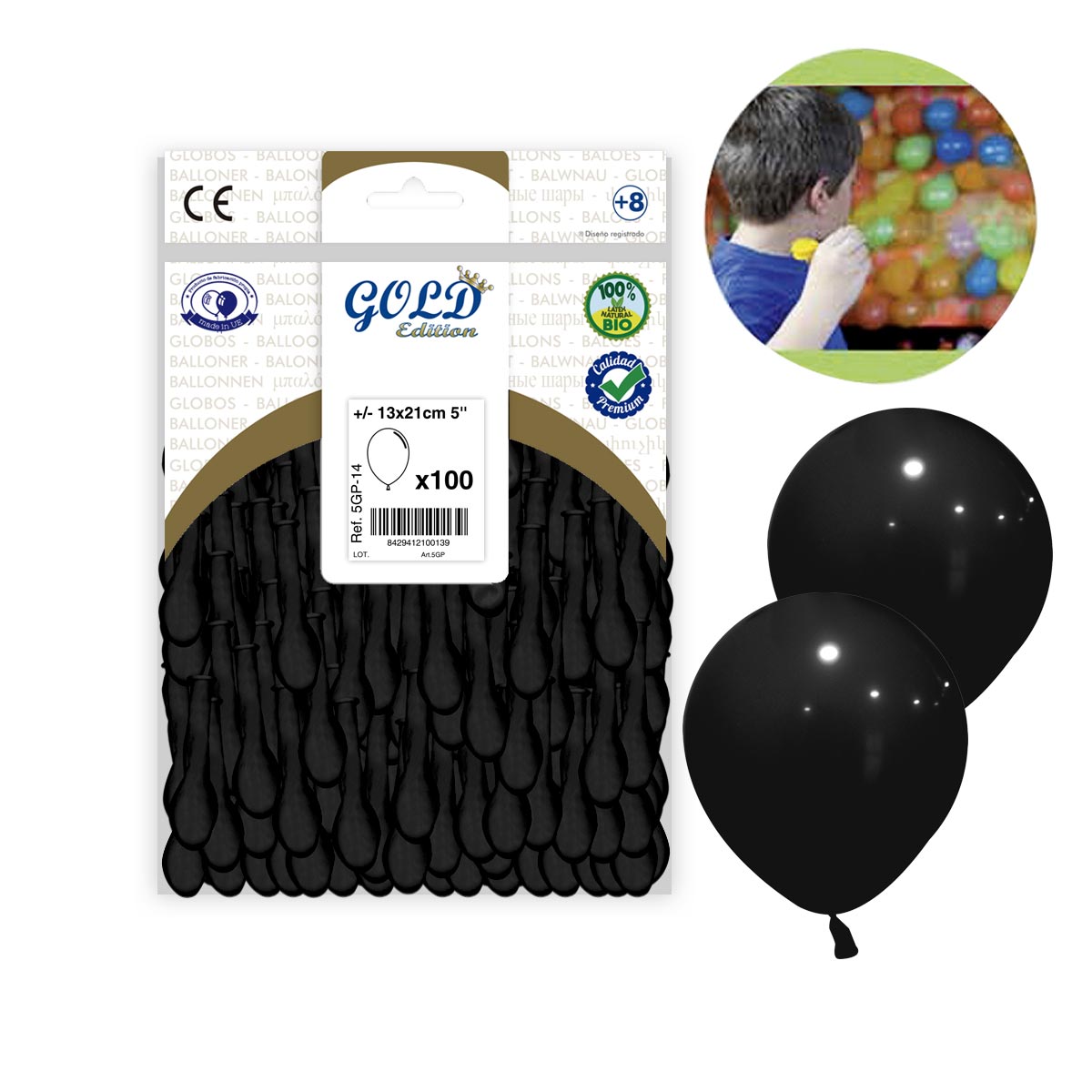 Globo Negro Liso 5 pulgadas GOLD Edition