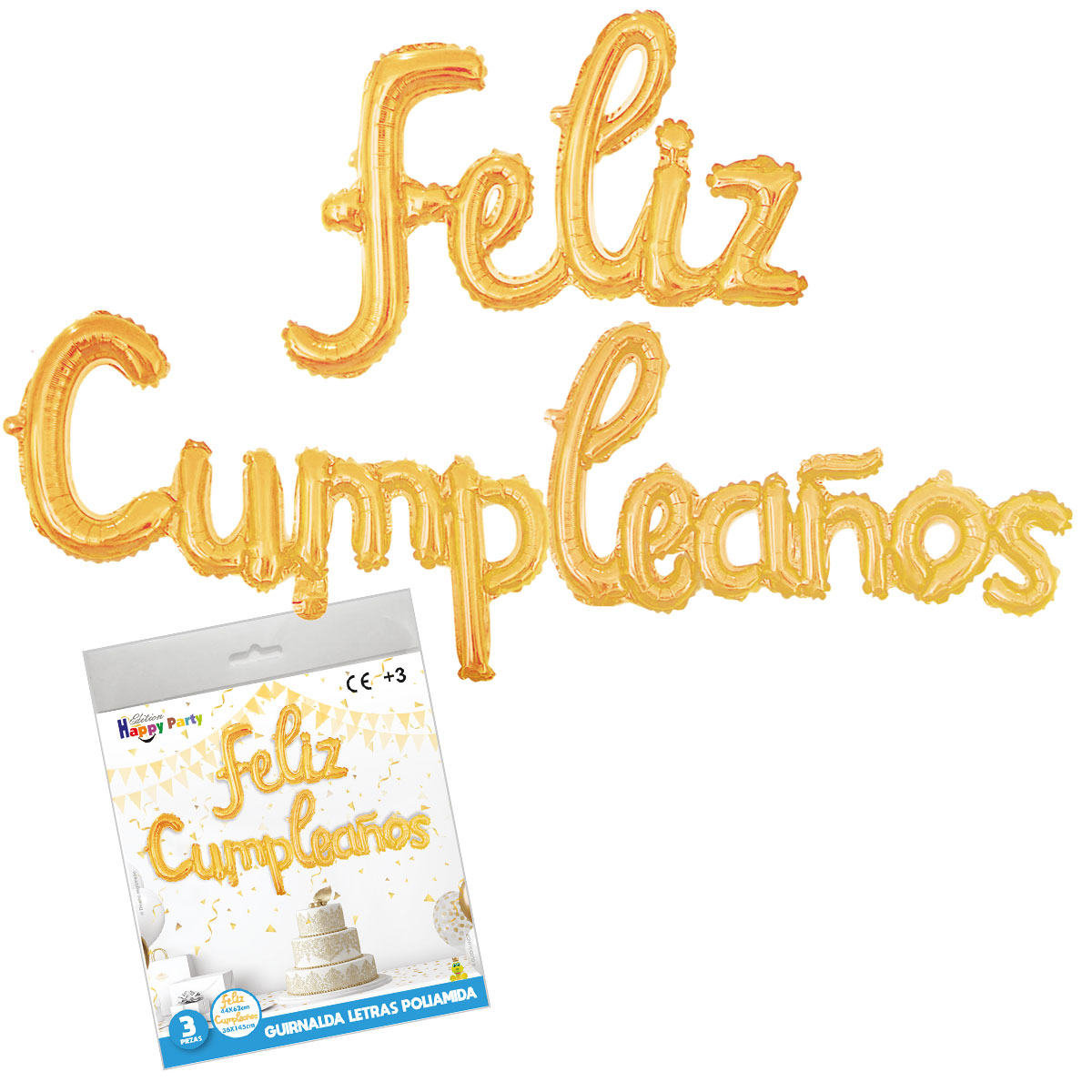 Guirnalda de letras poliamida "Feliz Cumpleaños" dorada - 3 piezas